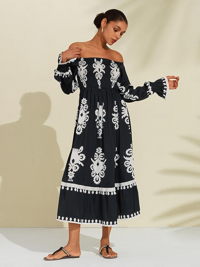 Geometric Print Off Shoulder Midi Satin Dress