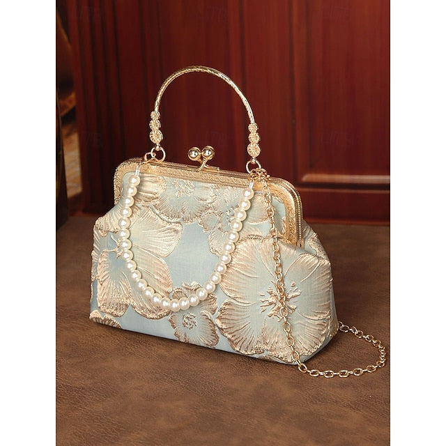 Women's Vintage Floral Brocade Pearl Handle Bag, Elegant
