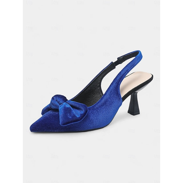 Blue Pointed Bow Women's Heels Toe with Slingback Velvet