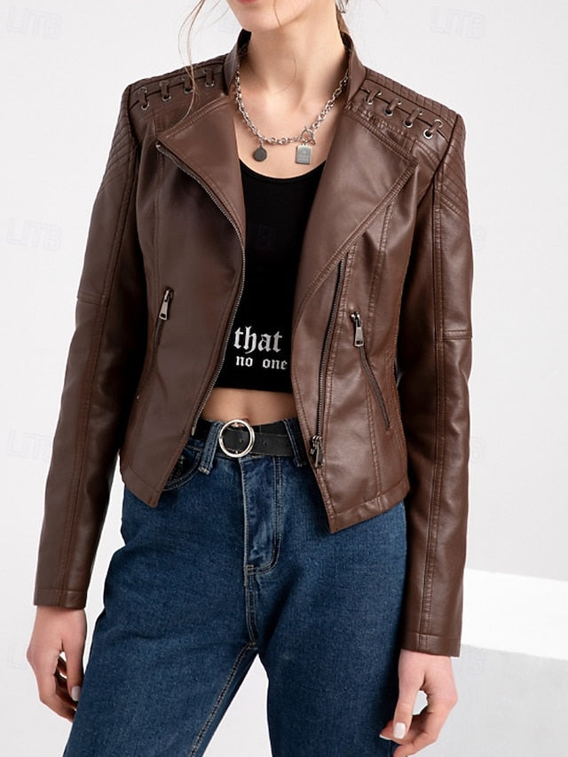 Pocket Jacket Women's Faux Leather Comfortable Zipper