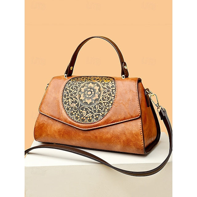 Handbag Leather Floral Engraved – Vintage Women's Faux