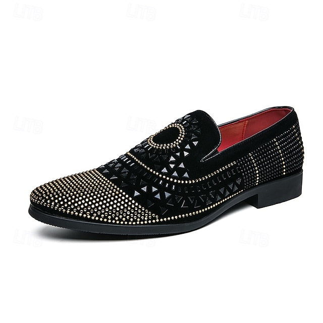 Black Spiral Men's Loafers Studded - Velvet Shoes Prom with
