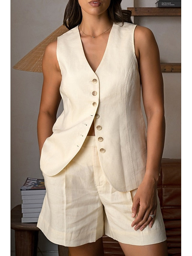 Women's Blouse Shorts Sets Sleeveless V Neck Solid Color