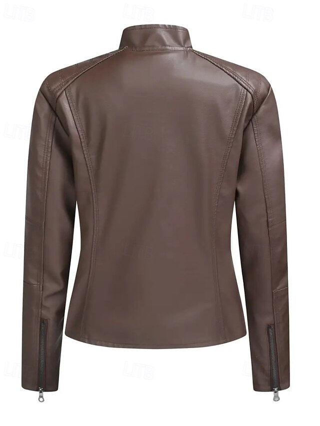 Faux Pocket Leather Comfortable Women's Zipper Jacket