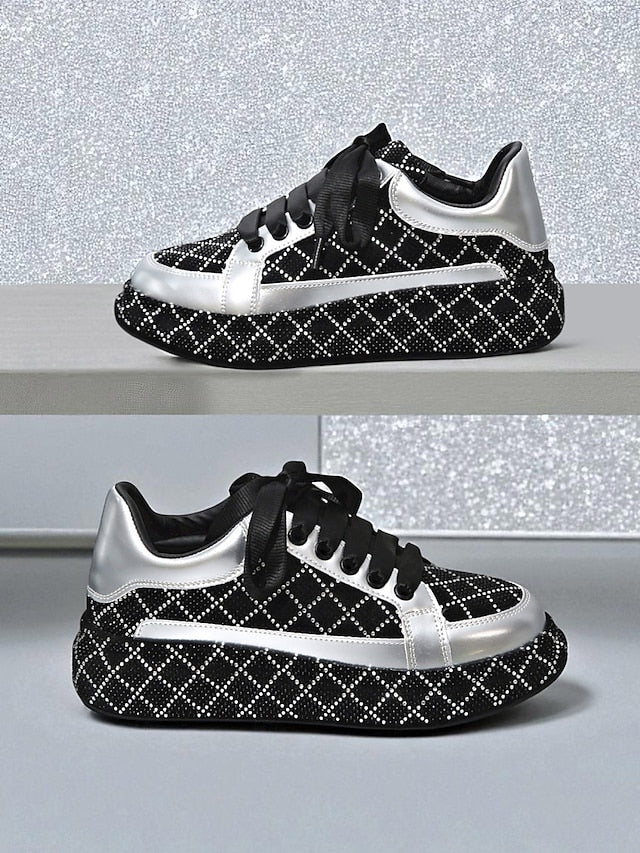 Silver Black Women's Rhinestone Quilted Sneakers - and