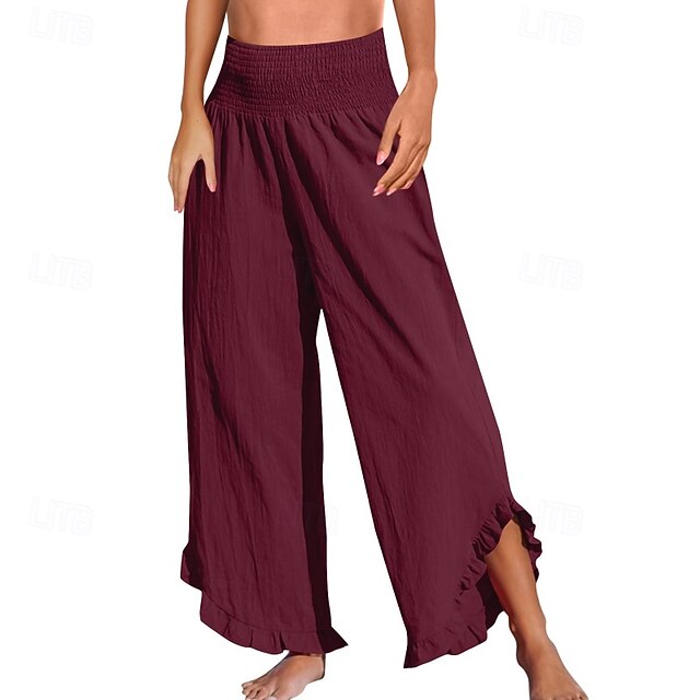 Women's Cotton Linen Pants Culottes Wide Leg Slacks Fashion