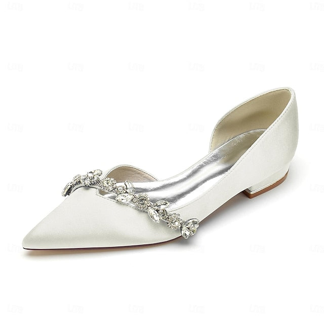 Crystal Wedding Toe with White and Pointed Satin Flat Shoes