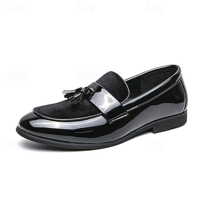 Faux Black Patent Loafers Leather Men's Velvet Tassel –