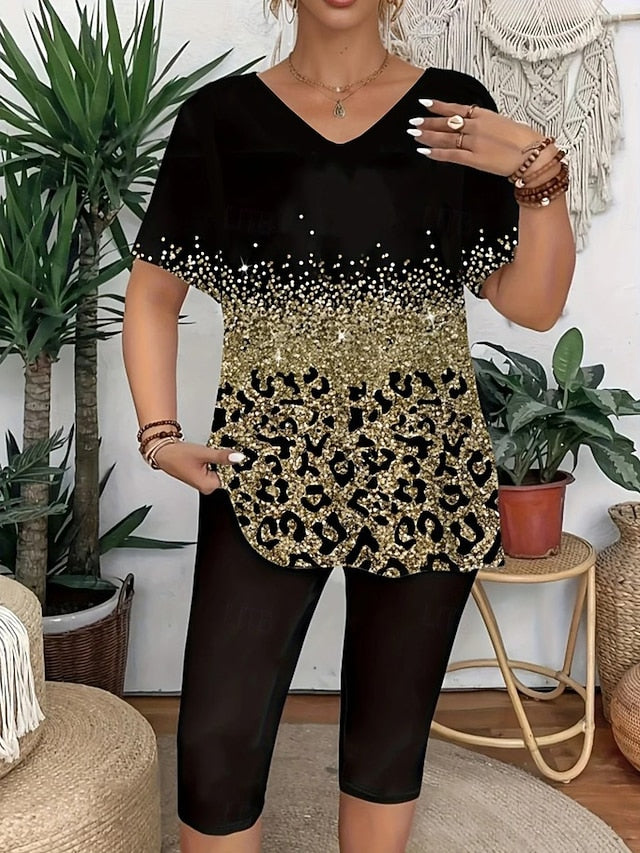 Women's T Shirt Shorts Sets Short Sleeve V Neck Floral