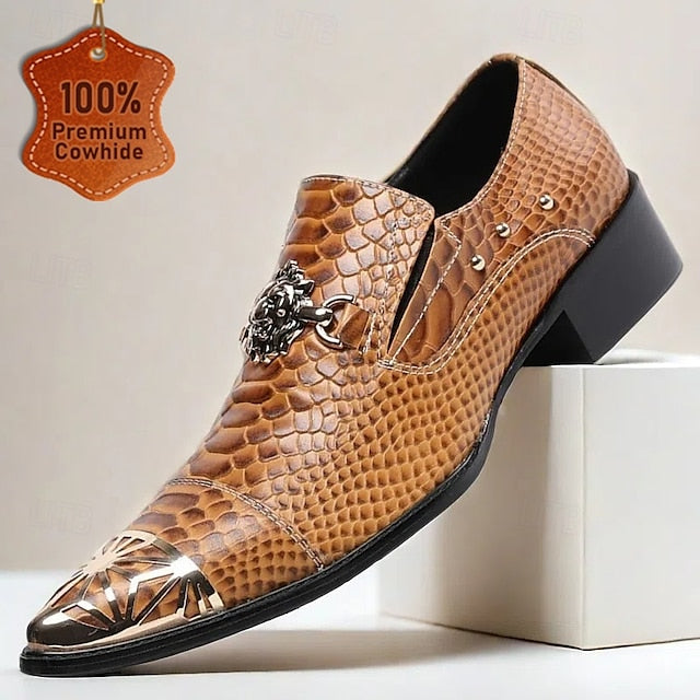Brown with Leather Snake Pattern Slip-On Men's Metal Shoes