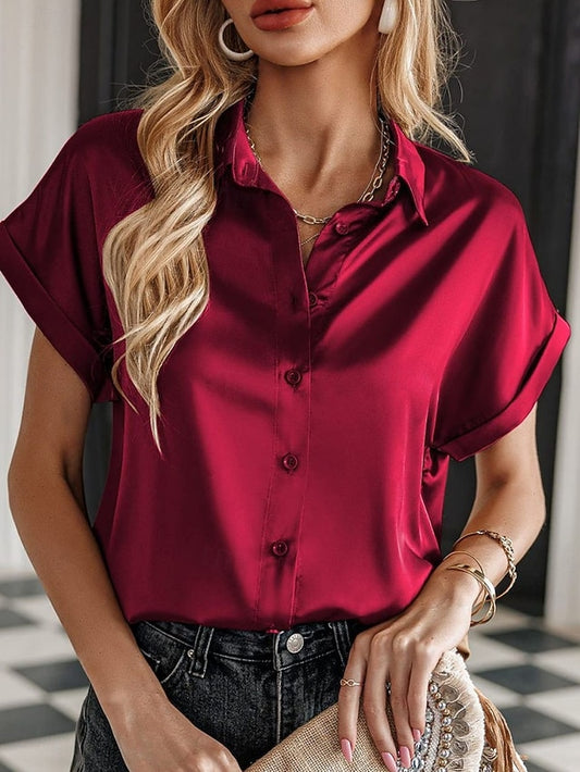 Women's Shirt Elegant Dressy Satin Top Buttons Solid Color