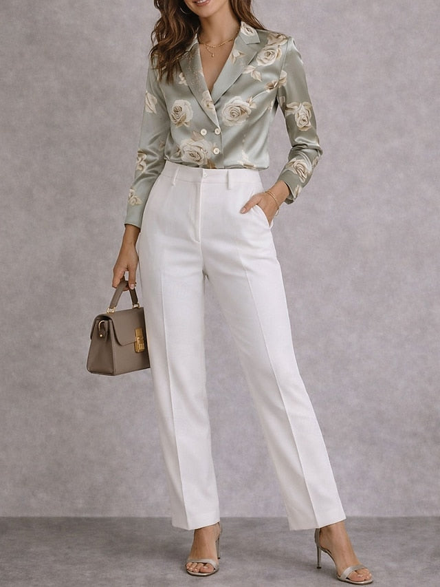 Women's Elegant Dressy Satin Top Blouse Flower Vintage