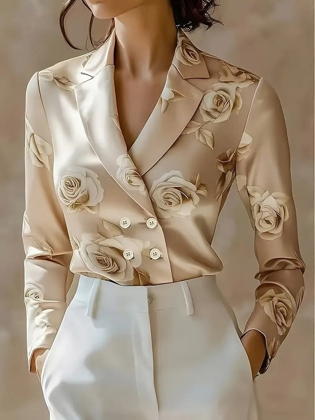 Women's Elegant Dressy Satin Top Blouse Flower Vintage