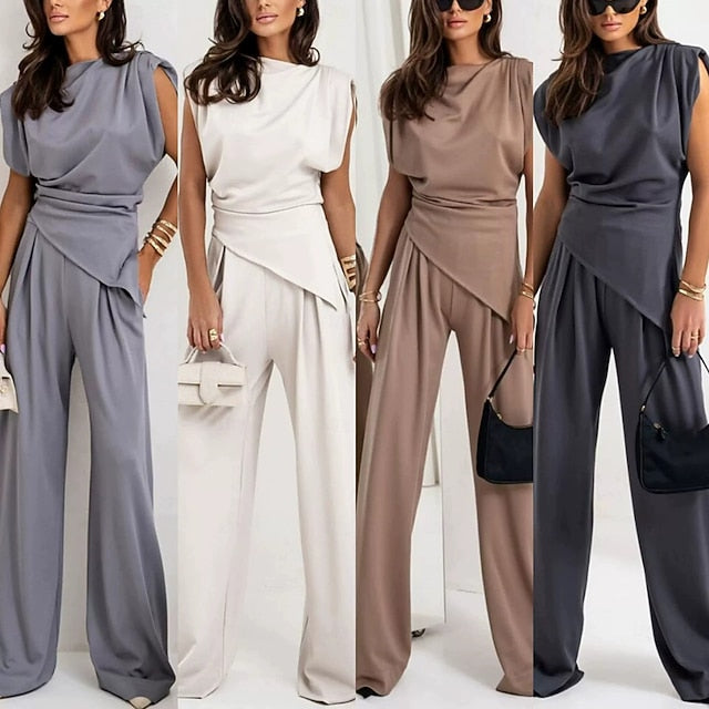 Women's Pants Sets Bolero Top Sleeveless Crew Neck Solid