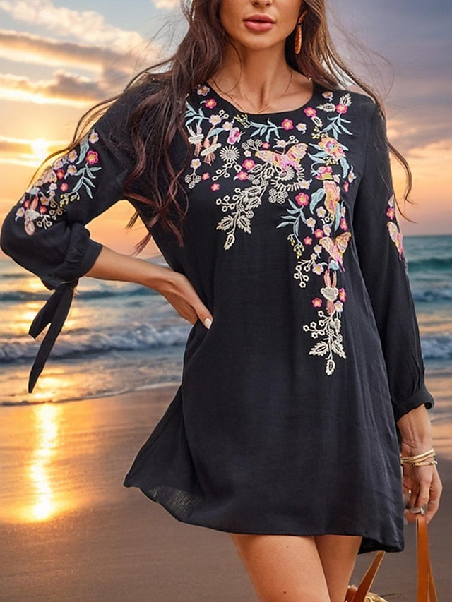 Women's Black Dress Embroidered Mini Dress Cotton Classic