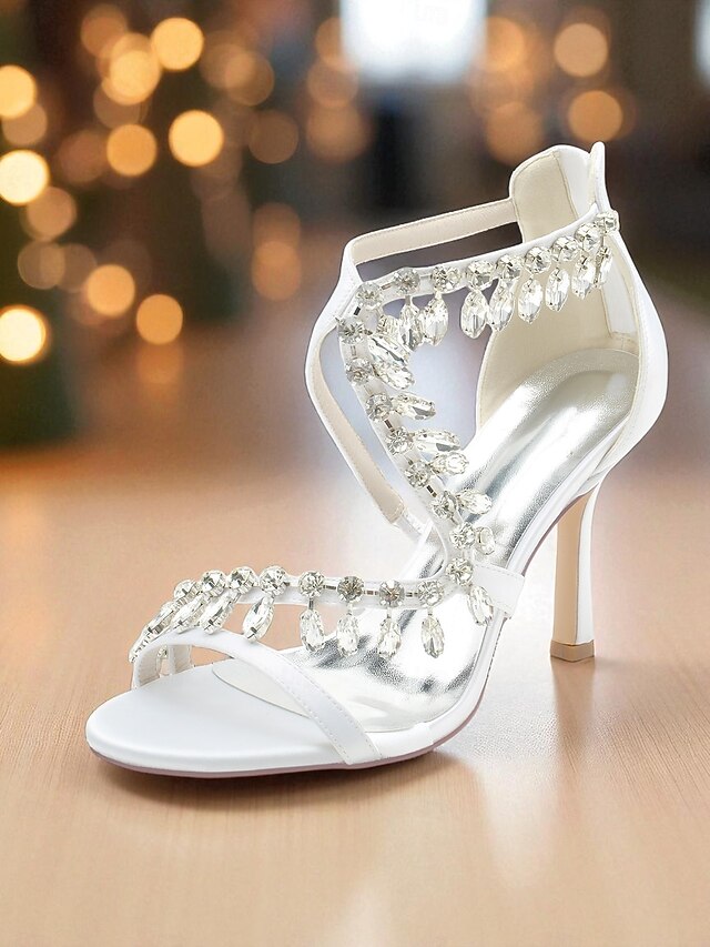 Heel High Women's Sandals White Strappy Rhinestone with