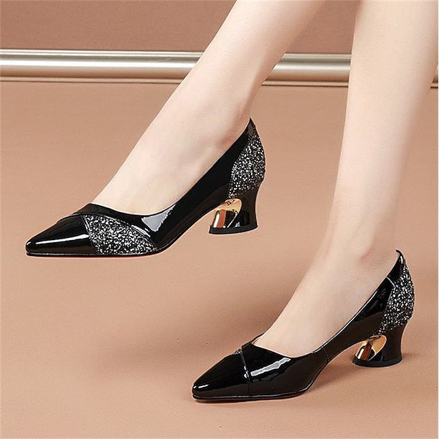 Women's Glitter-Accented Block Leather Patent Heels Faux