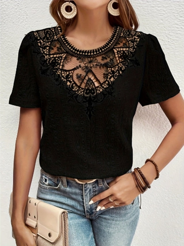Women's T Shirt Lace Patchwork Plain Fashion Modern Casual