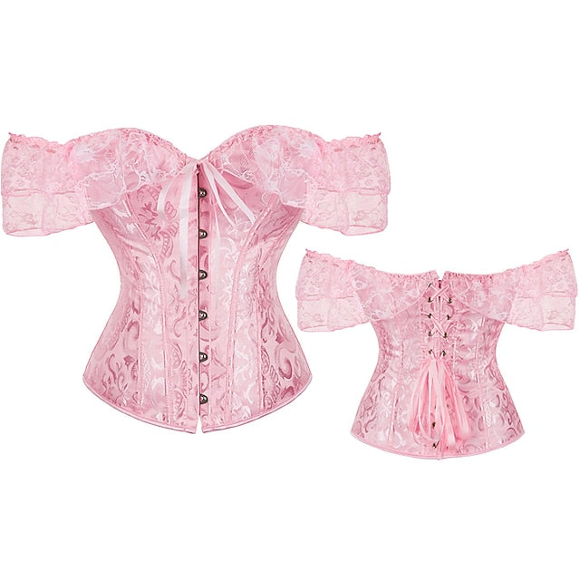 Women Floral Lace Off Shoulder Overbust Corset Bustier Boned