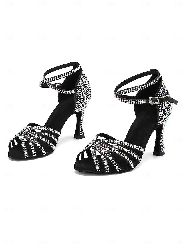 Tan Latin with Rhinestone-Embellished Sandals High Heel Dance