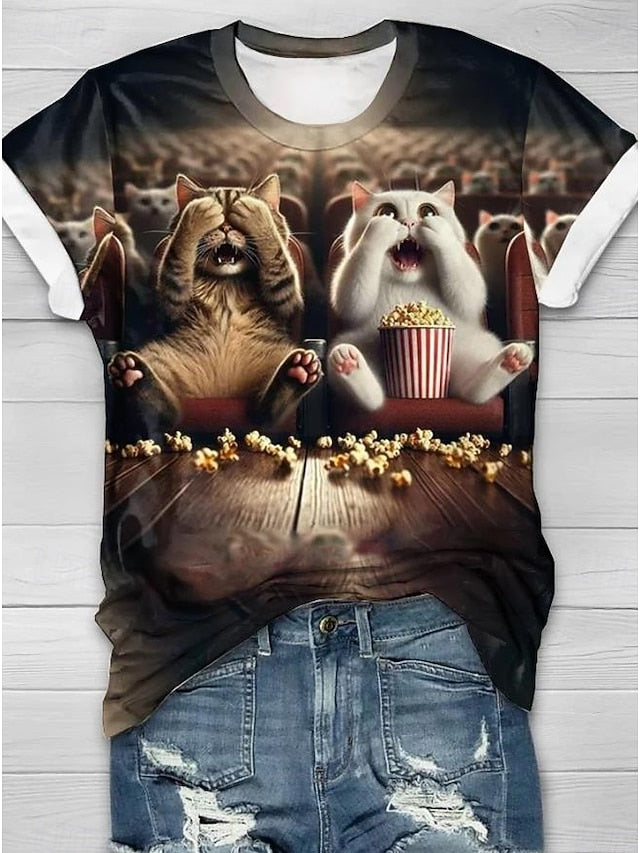 Women's T Shirt Casual Cat Print Short Sleeve Regular Tops