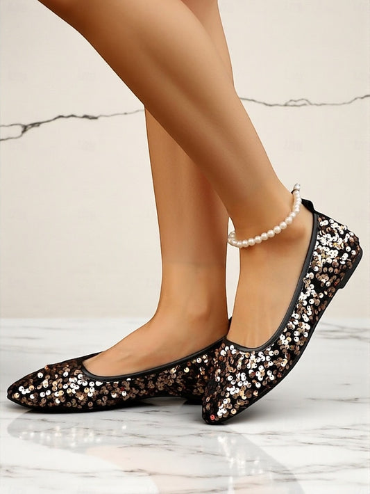 Sequin Women's Ballet Black Flats Toe - Pointed Sparkly