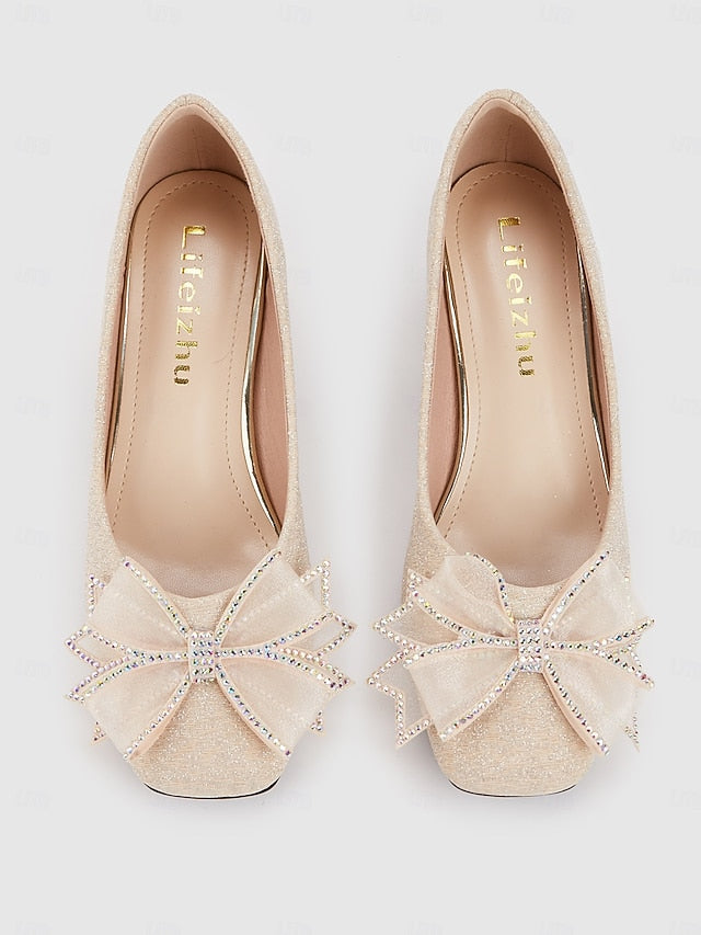 Women's Decoration - Bow Pumps Glitter Gold Block Heel with