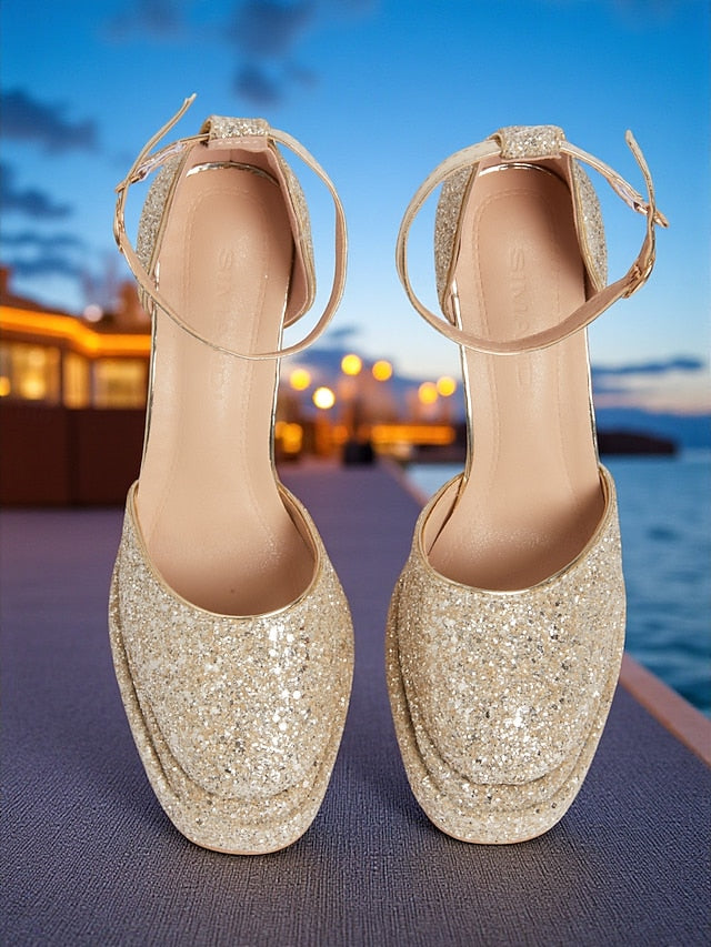 Women's Glitter Heels Platform Gold High