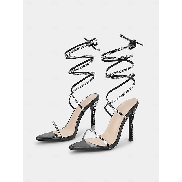 Sandals Rhinestone – Stiletto Women's Lace-Up Black Sexy