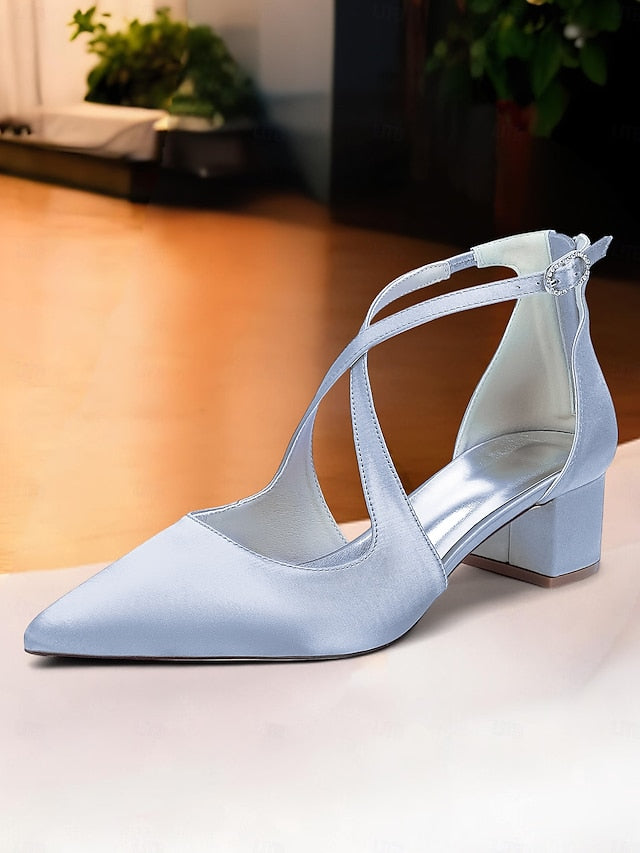 Heels Block Ivory Women's Pointed Elegant - Satin Toe