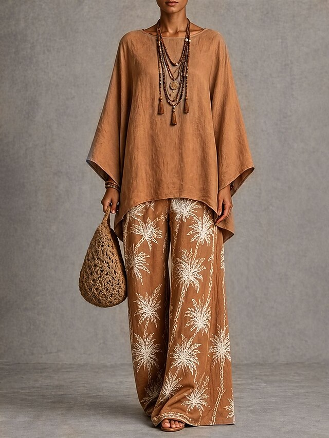 Women's Pants Sets Long Sleeve Round Neck Graphic Leaves