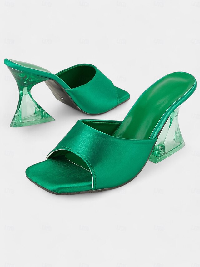 Green for Heels with Block Satin Mules Transparent Open-Toe