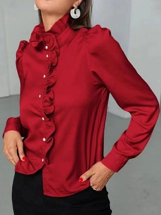 Women's Shirt Blouse Ruffle Buttons Solid Color Business