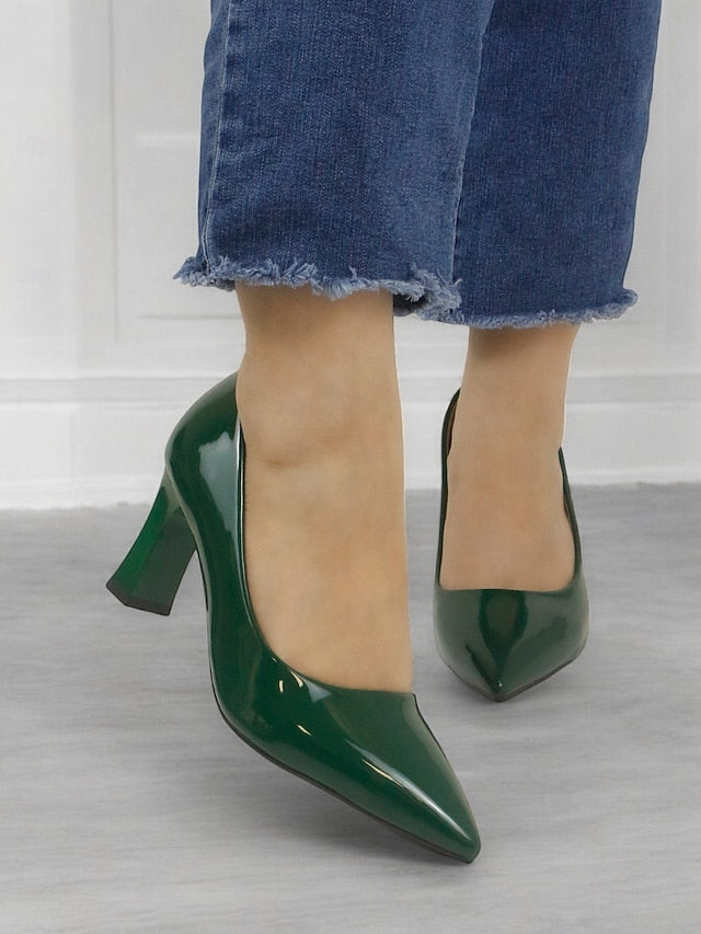 Pointed-Toe Heel Block Leather Patent Pumps Green Faux Glossy