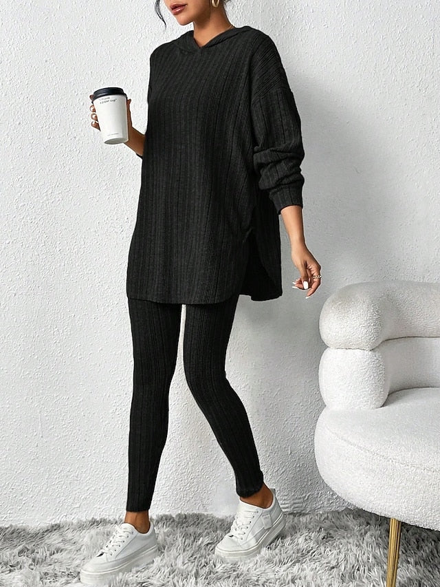 Women's Pants Sets Bolero Top Long Sleeve Hooded Solid