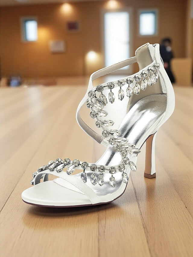 Heel High Women's Sandals White Strappy Rhinestone with