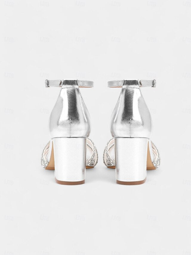 Silver Strappy Metallic Block Sandals with Heel Rhinestone