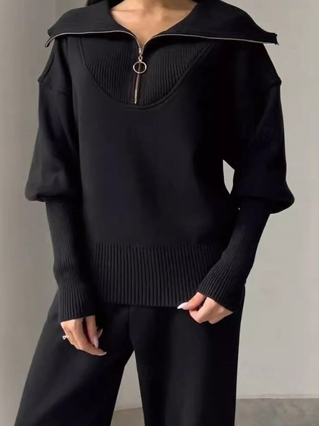 Women's Blouse Pants Sets Long Sleeve Shirt Collar Solid