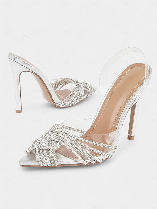 with Sandals Silver Transparent Stiletto Straps – Rhinestone