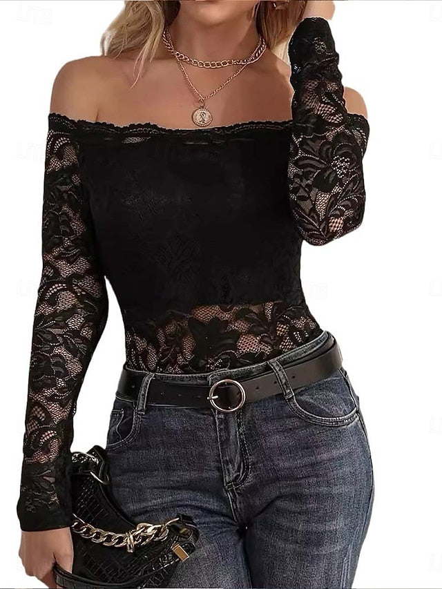Women's Blouse Lace Casual Long Sleeve Off Shoulder Regular