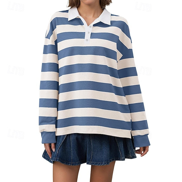 Women's T Shirt Tee Top Buttons Striped Fashion Stylish