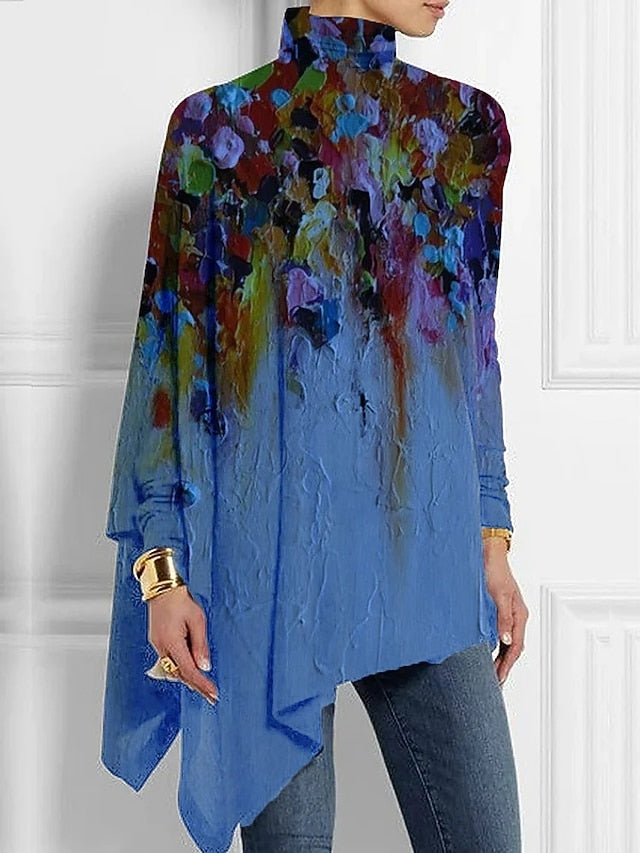 Women's T shirt Long Sleeve Fashion Floral Print Asymmetric