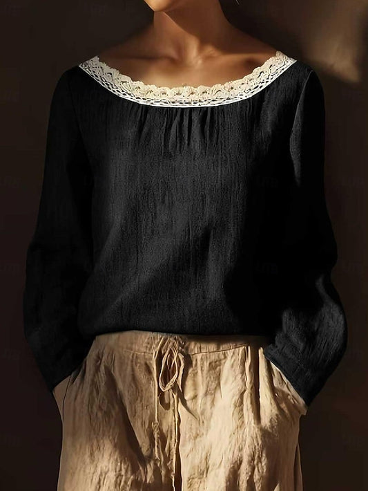 Women's Lace Splicing Top Linen T-Shirt Pleats Solid Color