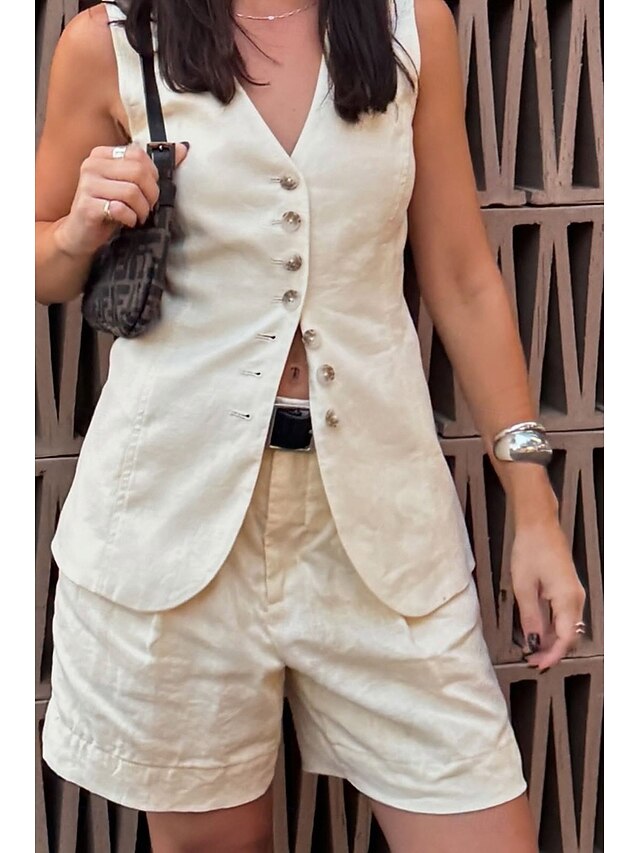 Women's Blouse Shorts Sets Sleeveless V Neck Solid Color