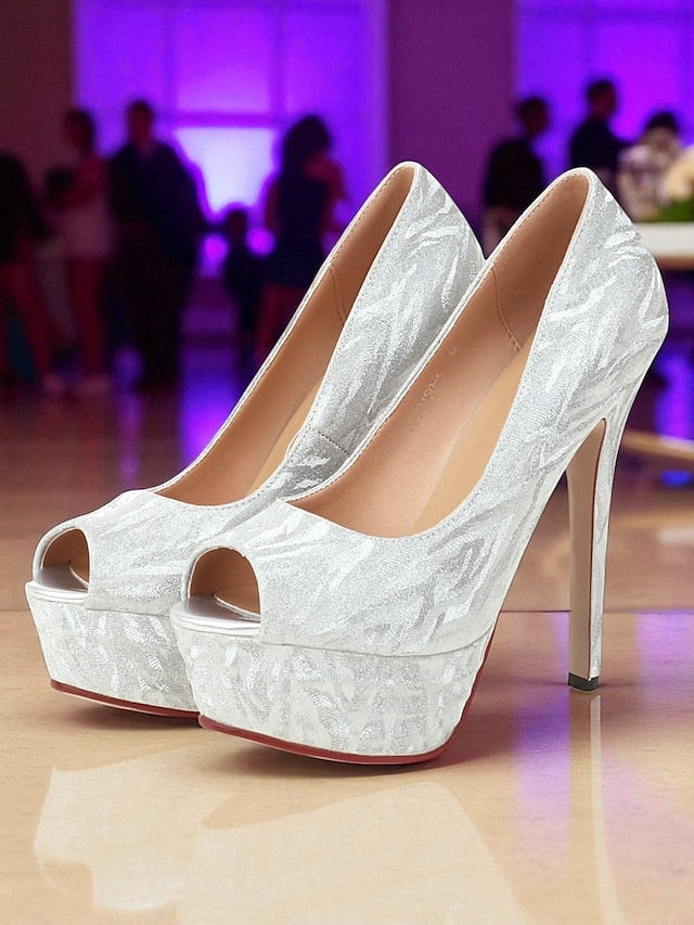 with Silver Women's Pattern Platform Subtle Peep-Toe Heels