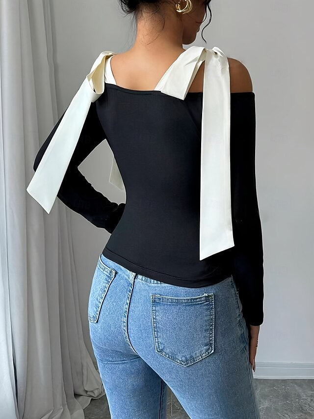 Women's Cold Shoulder Tops Bow Graphic Plain Elegant