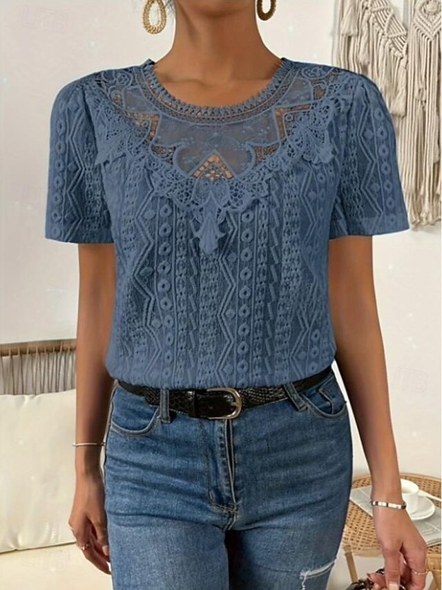 Women's T Shirt Lace Patchwork Plain Fashion Modern Casual