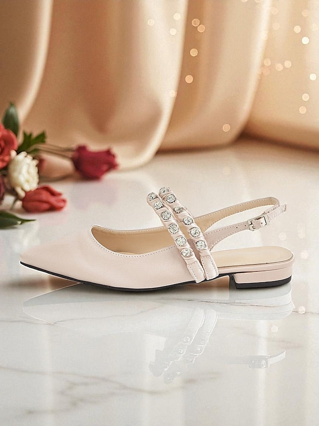 Women's - Slingback Rhinestone Flats Pointed Satin Toe