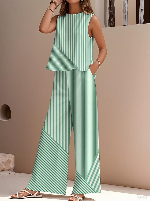 Women's Pants Sets Faux Cotton Linen Sleeveless Crew Neck