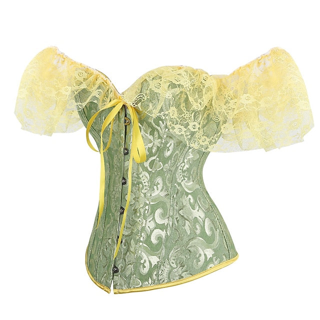 Women Floral Lace Off Shoulder Overbust Corset Bustier Boned